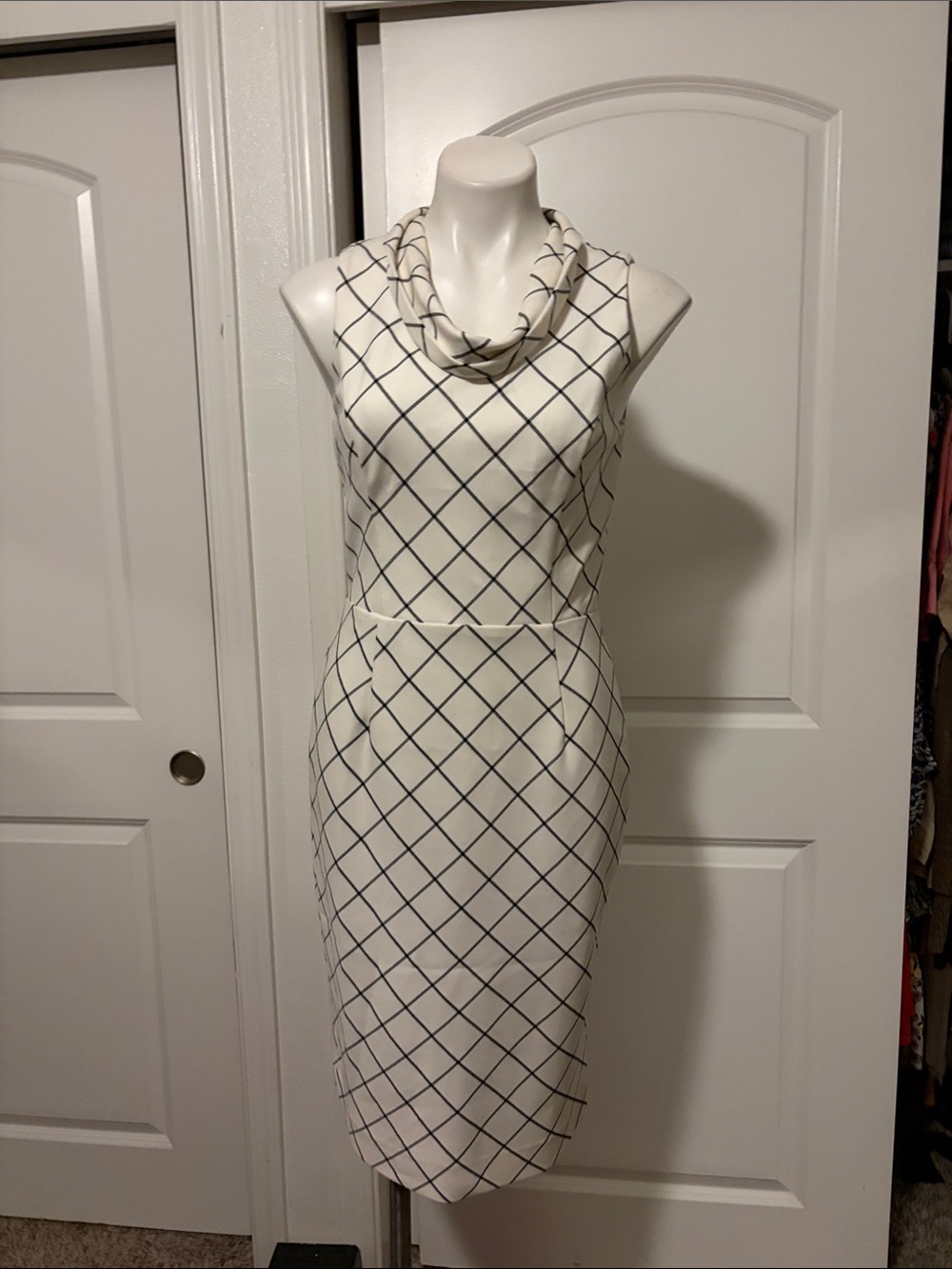 Sleeveless White Cowl Neck Sheath Dress with Black Windowpane